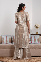 Silver Tissue Silk Sharara Suit with Tanchoi Floral Brocade Fabric