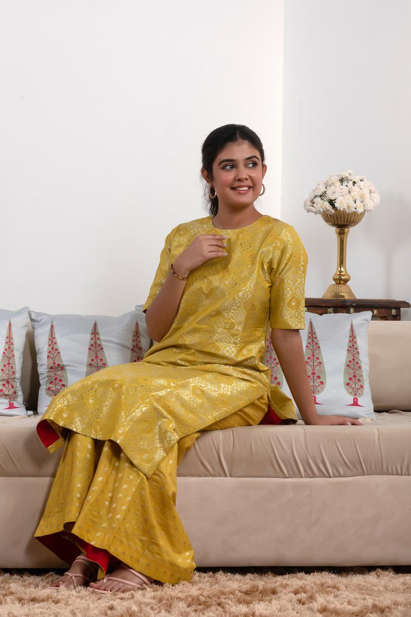Yellow Banarasi Silk Sharara Suit with Meenakari Work