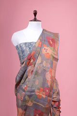 Grey Floral Printed Tussar Silk Saree