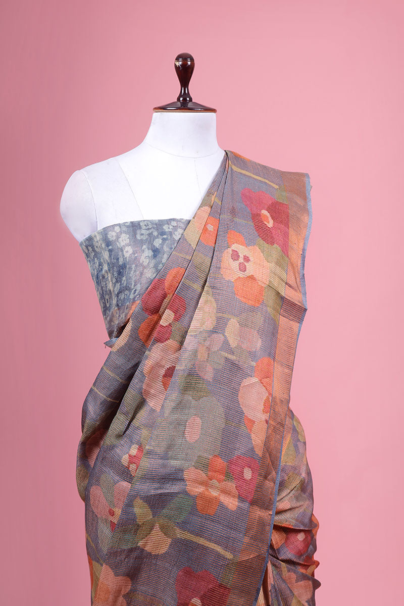 Grey Floral Printed Tussar Silk Saree
