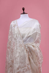 Off White Floral Jaal Embellished Tissue Silk Saree