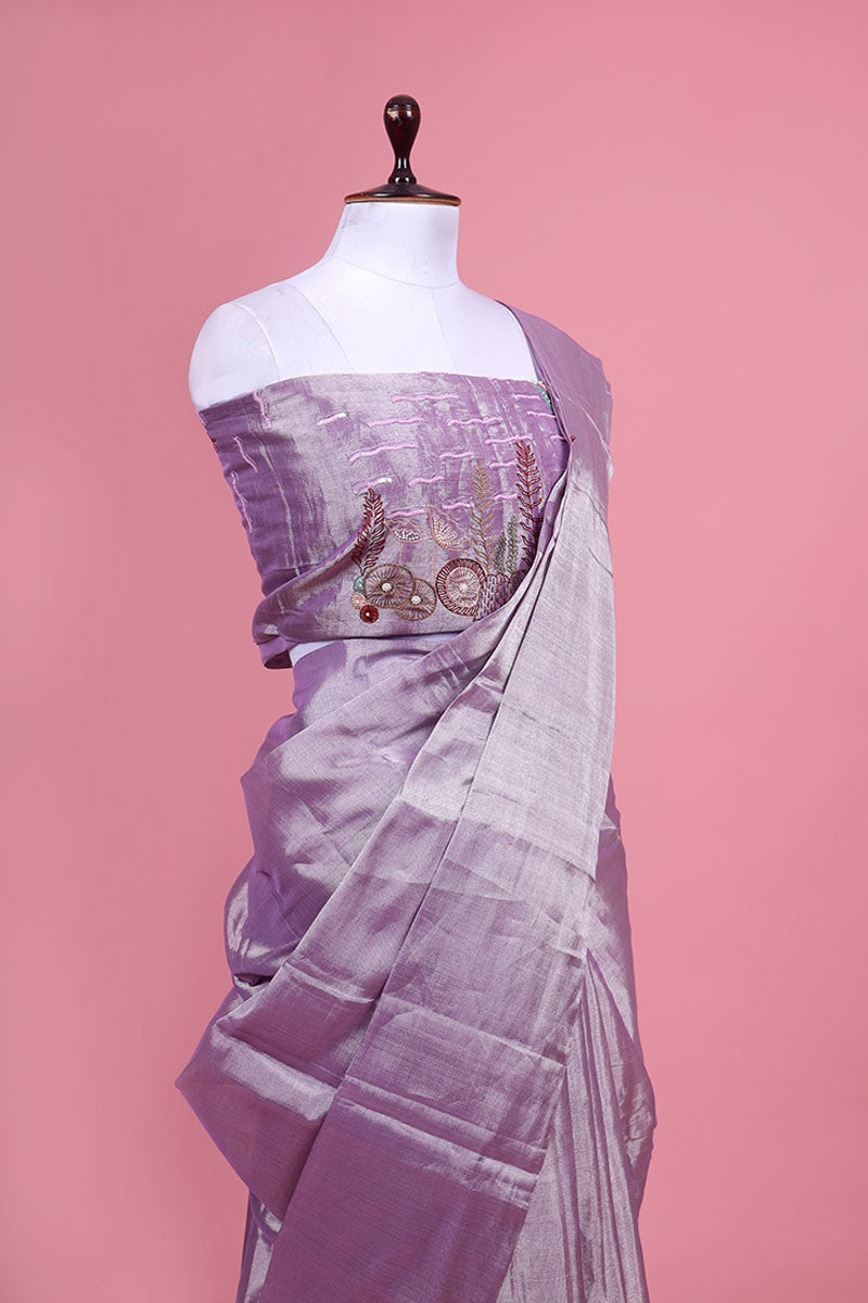 Lilac Tissue Silk Saree with Marine Embellished Work