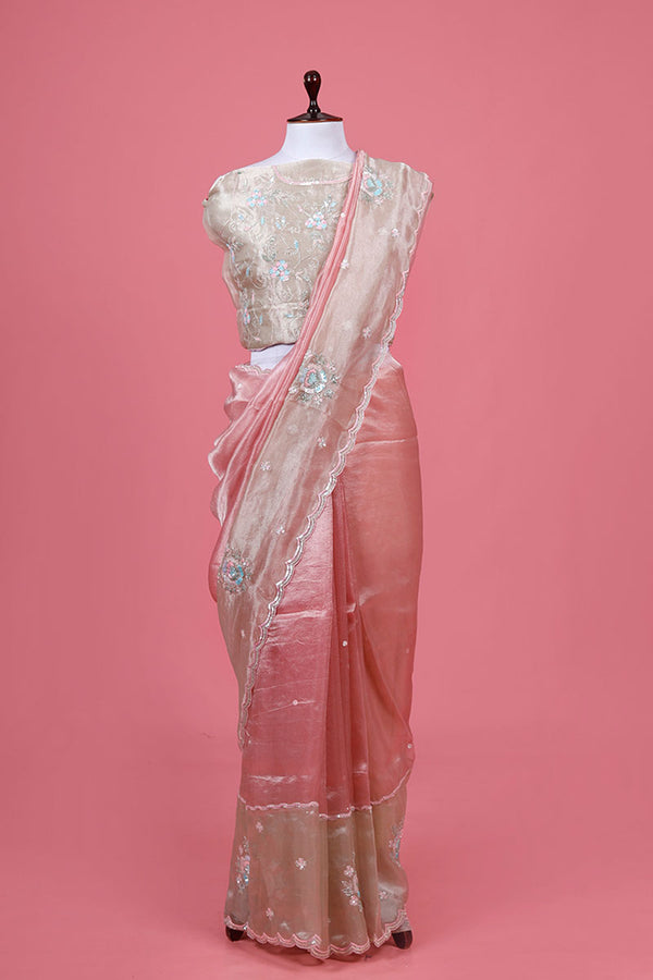 Pink & White Embellished Tissue Silk Saree By Chinaya Banaras
