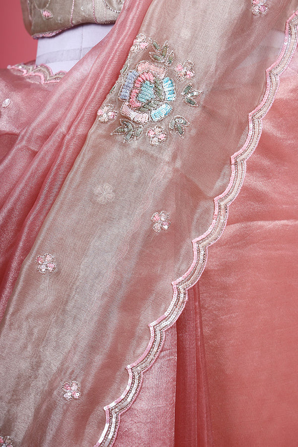 Rose Pink & White Embellished Tissue Silk Saree