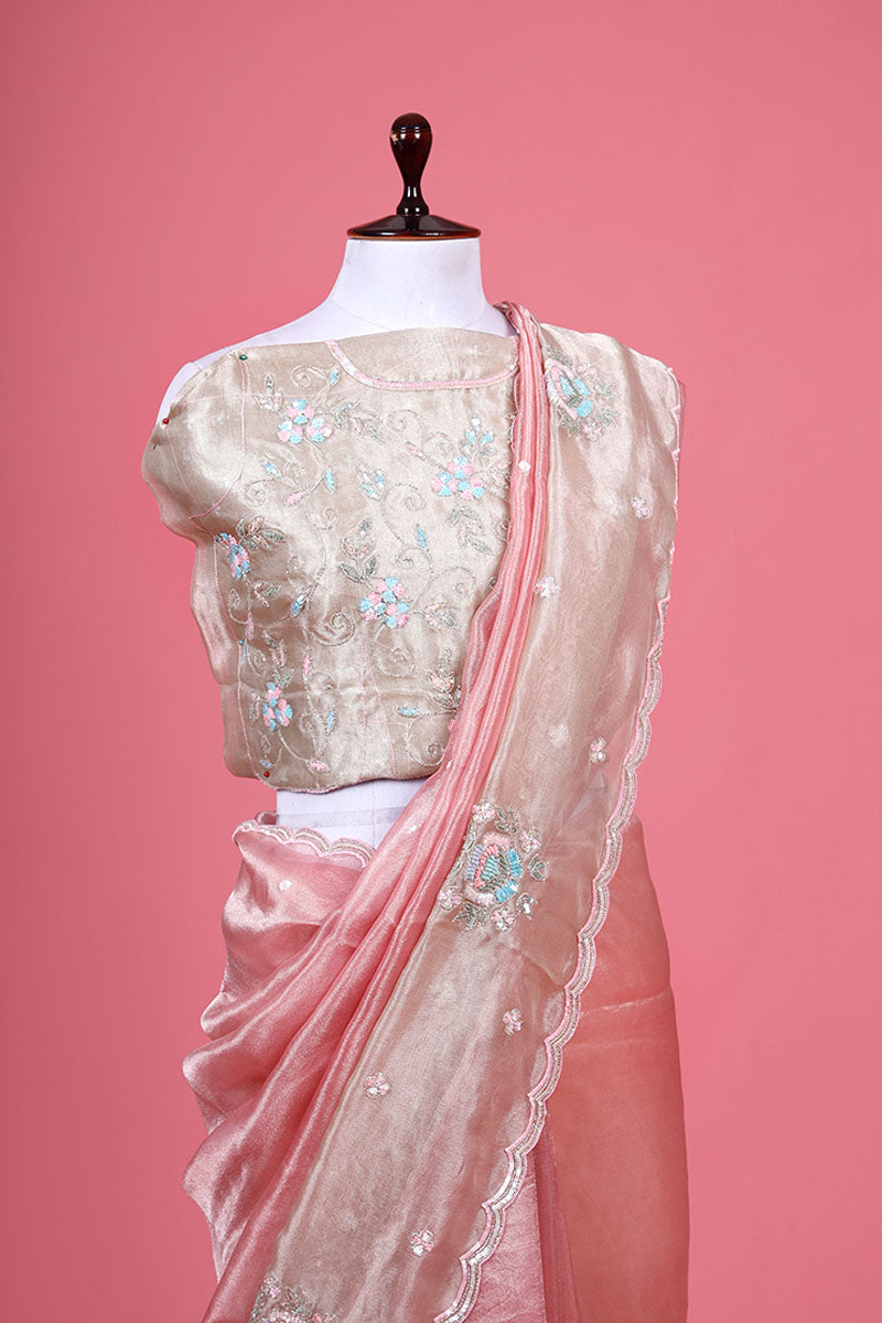 Rose Pink & White Embellished Tissue Silk Saree