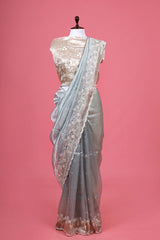 Blue Floral Embellished Tissue Silk Saree By Chinaya Banaras