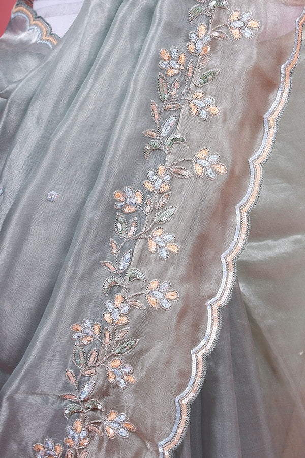 Steel Blue Floral Embellished Tissue Silk Saree