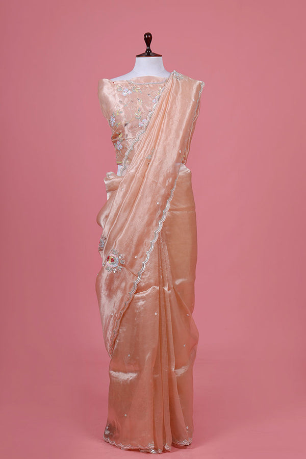 Peach embellished Tissue Silk Saree By Chinaya Banaras