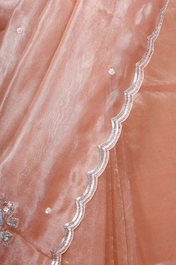 Peach Floral Embellished Tissue Silk Saree