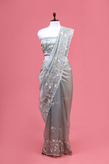 Silver Grey Floral Embellished Tissue Silk Saree