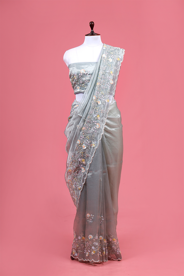 Silver Grey Floral Embellished Tissue Silk Saree