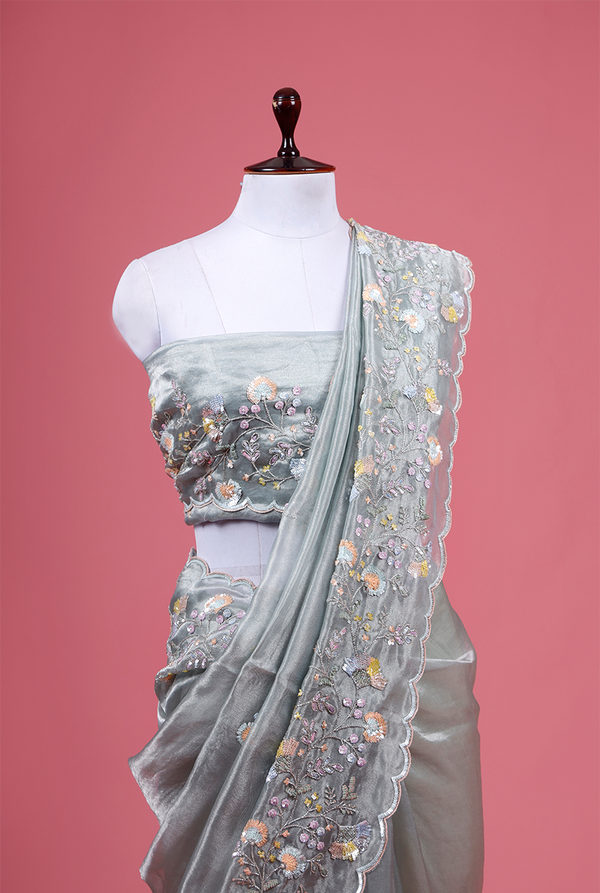 Silver Grey Floral Embellished Tissue Silk Saree