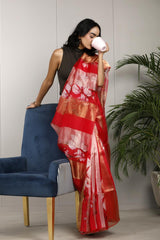 Red Floral Printed Tissue Silk Office Wear Saree