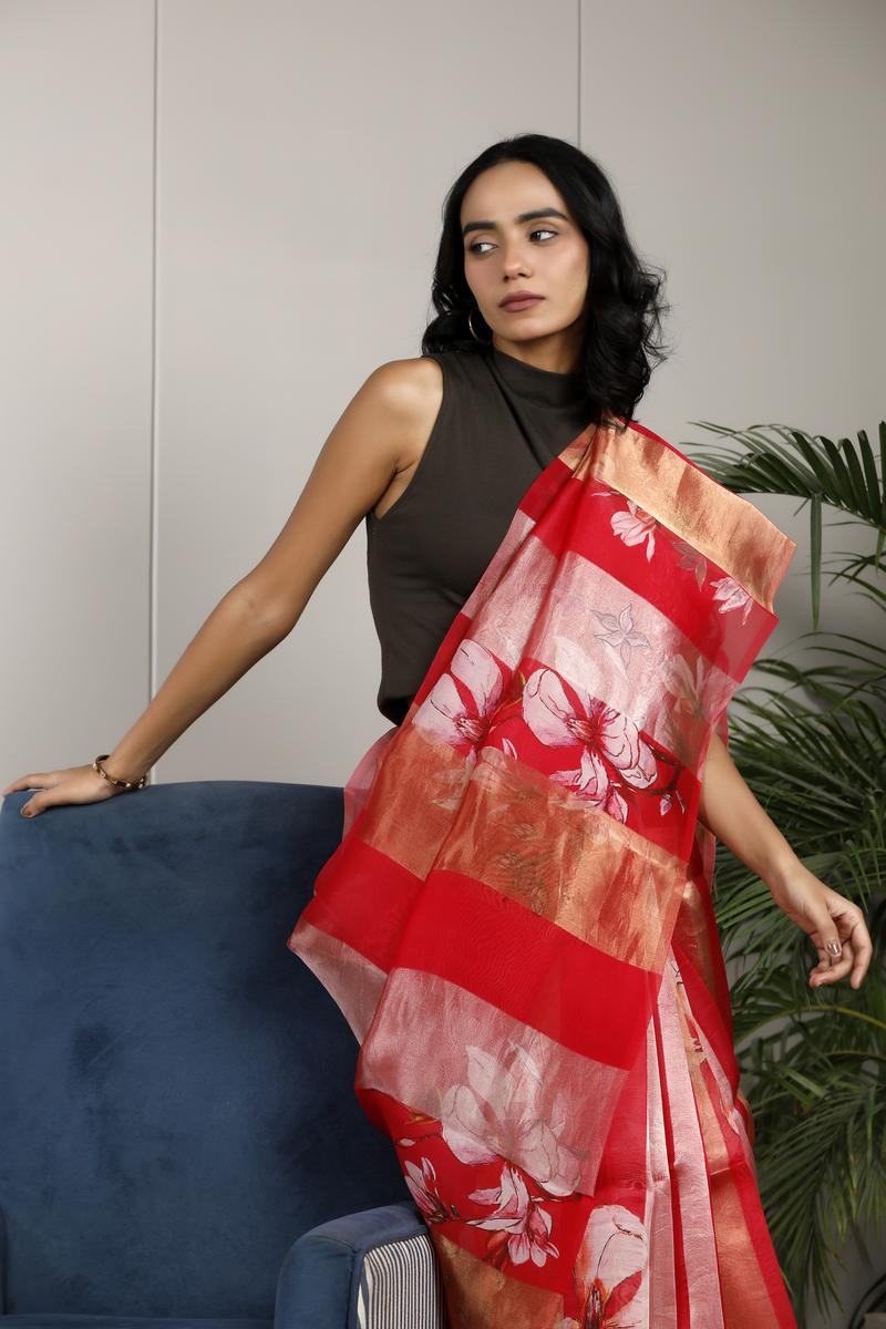 Red Floral Printed Tissue Silk Office Wear Saree