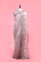 Lilac Embroidered Crush Tissue Silk Saree  By Chinaya  Banaras