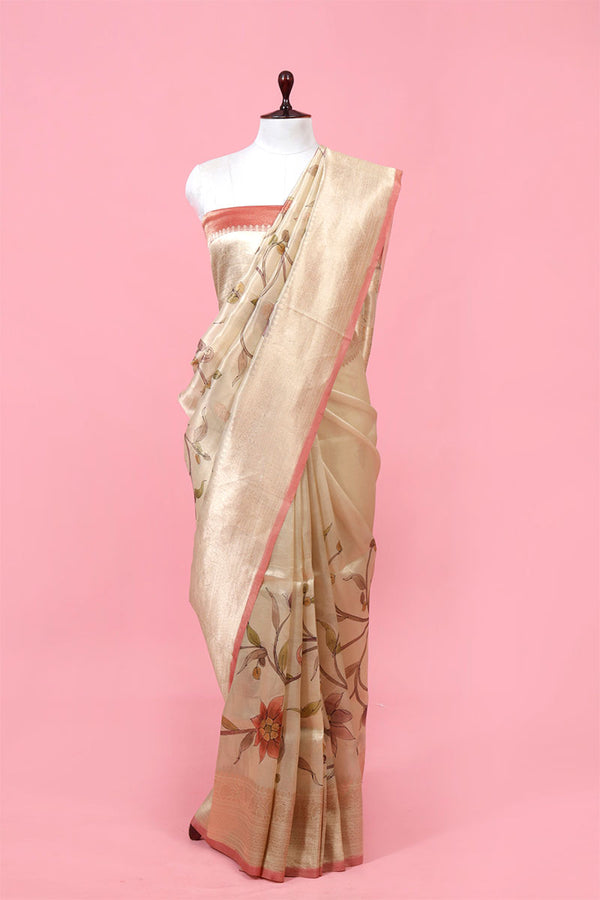 Beige Handloom Tissue Silk Saree By Chinaya Banaras