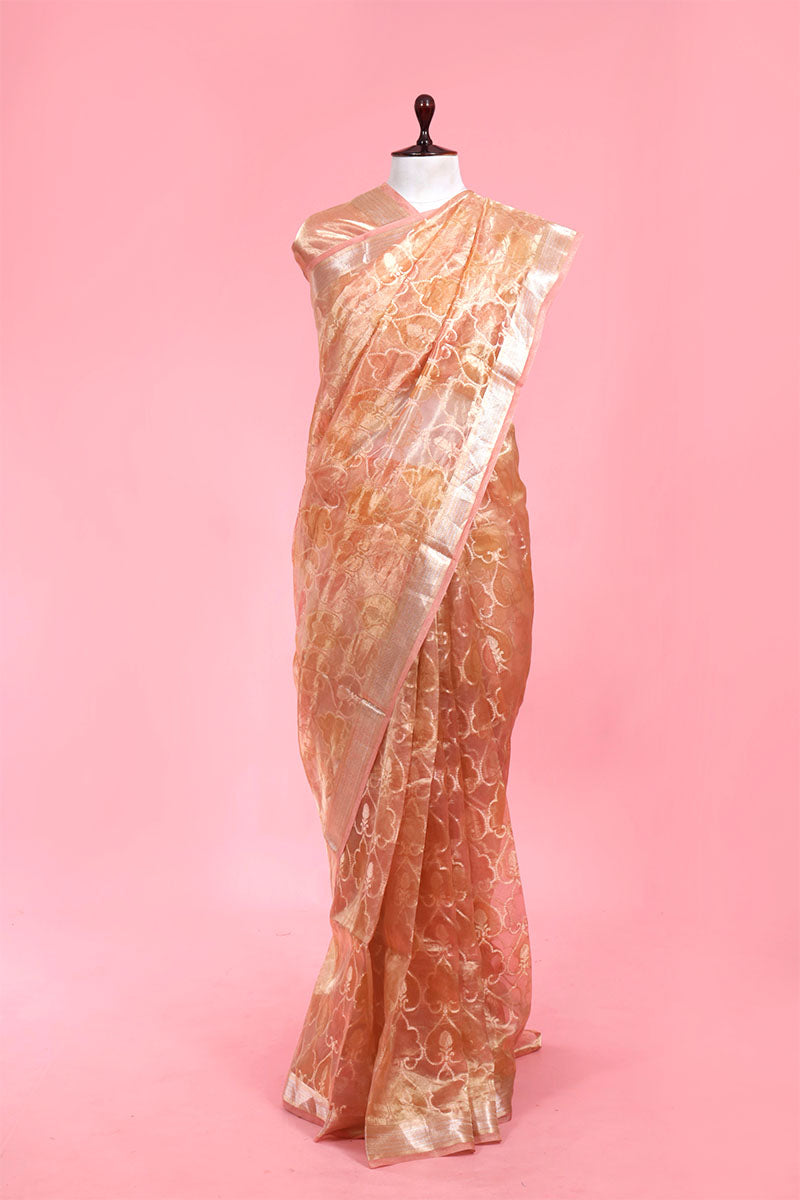 Peach Handloom Tissue Silk saree By Chinaya Banaras