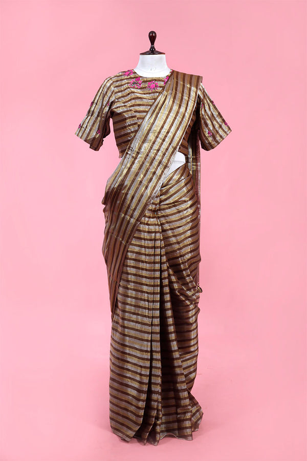 Brown Striped Tissue Sillk Saree With Stitched Blouse