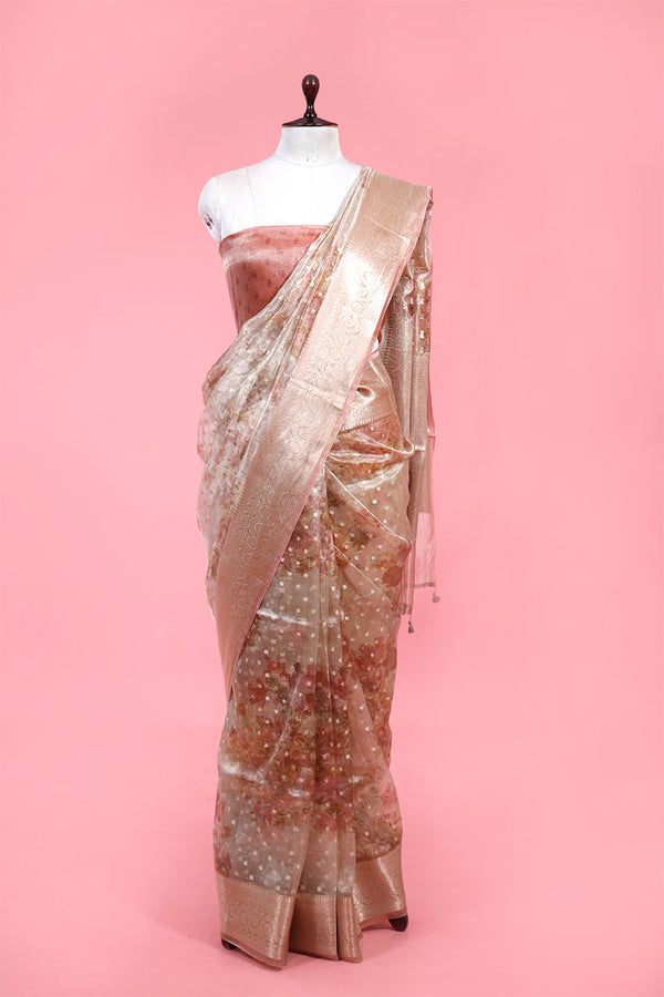 Gold Peach Floral Printed Tissue Silk Saree