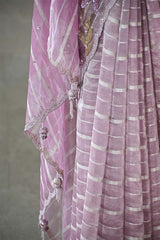 Lilac Tissue Silk Saree with Silver Zari Stripes & Embellishments