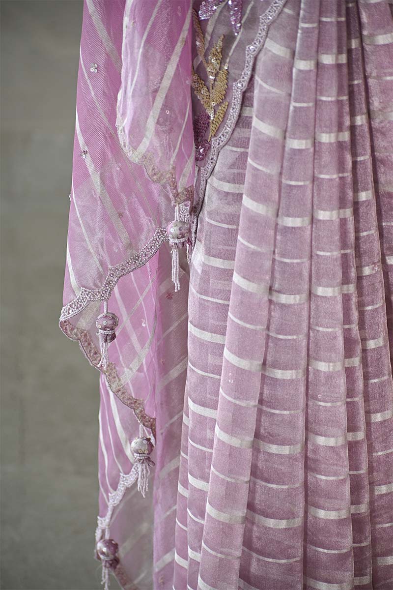 Lilac Tissue Silk Saree with Silver Zari Stripes & Embellishments