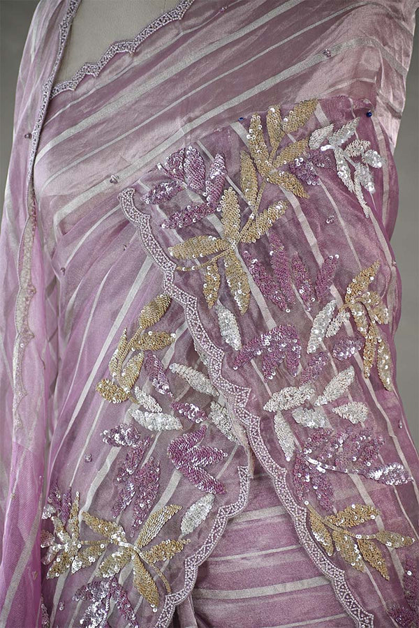 Lilac Tissue Silk Saree with Silver Zari Stripes & Embellishments
