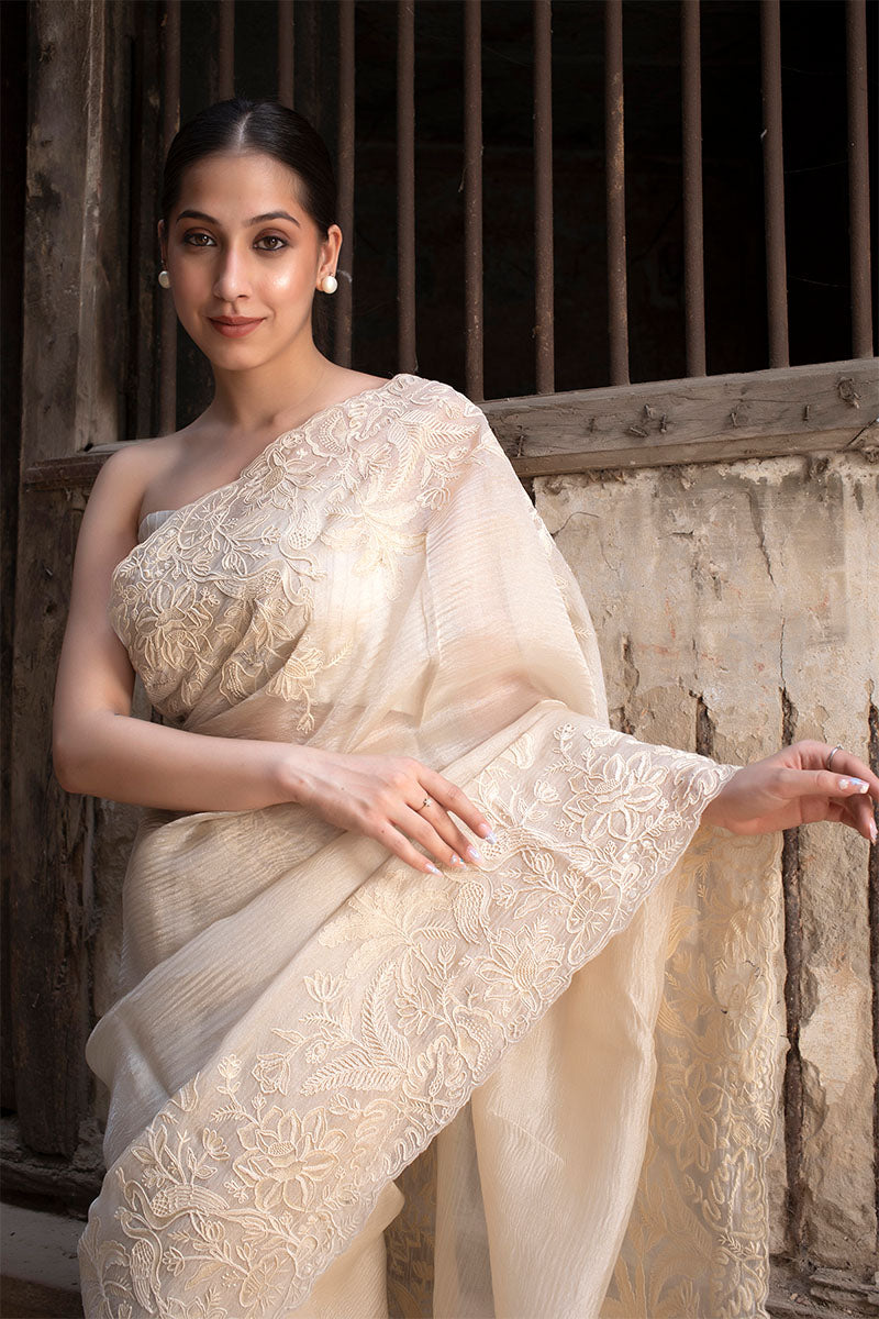 Off White Floral Embroidered Crushed Tissue Silk Saree