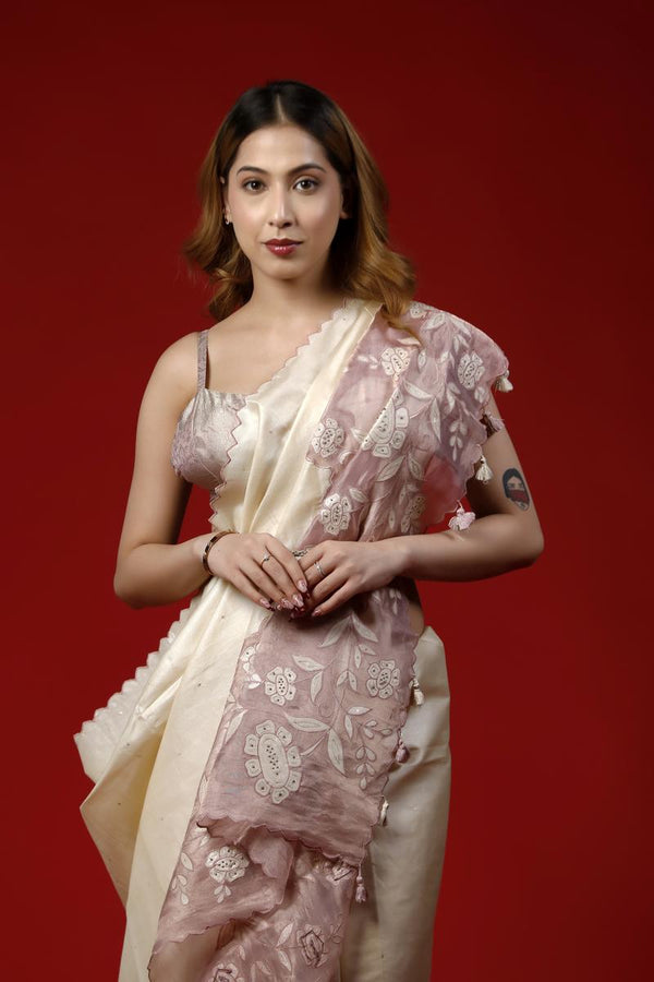 Beige saree, Tussar silk saree, handloom saree, party wear saree, Wedding Saree, Cocktail Saree, party wear saree