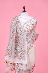 Pearl White Floral Embroidered Tissue Silk Saree