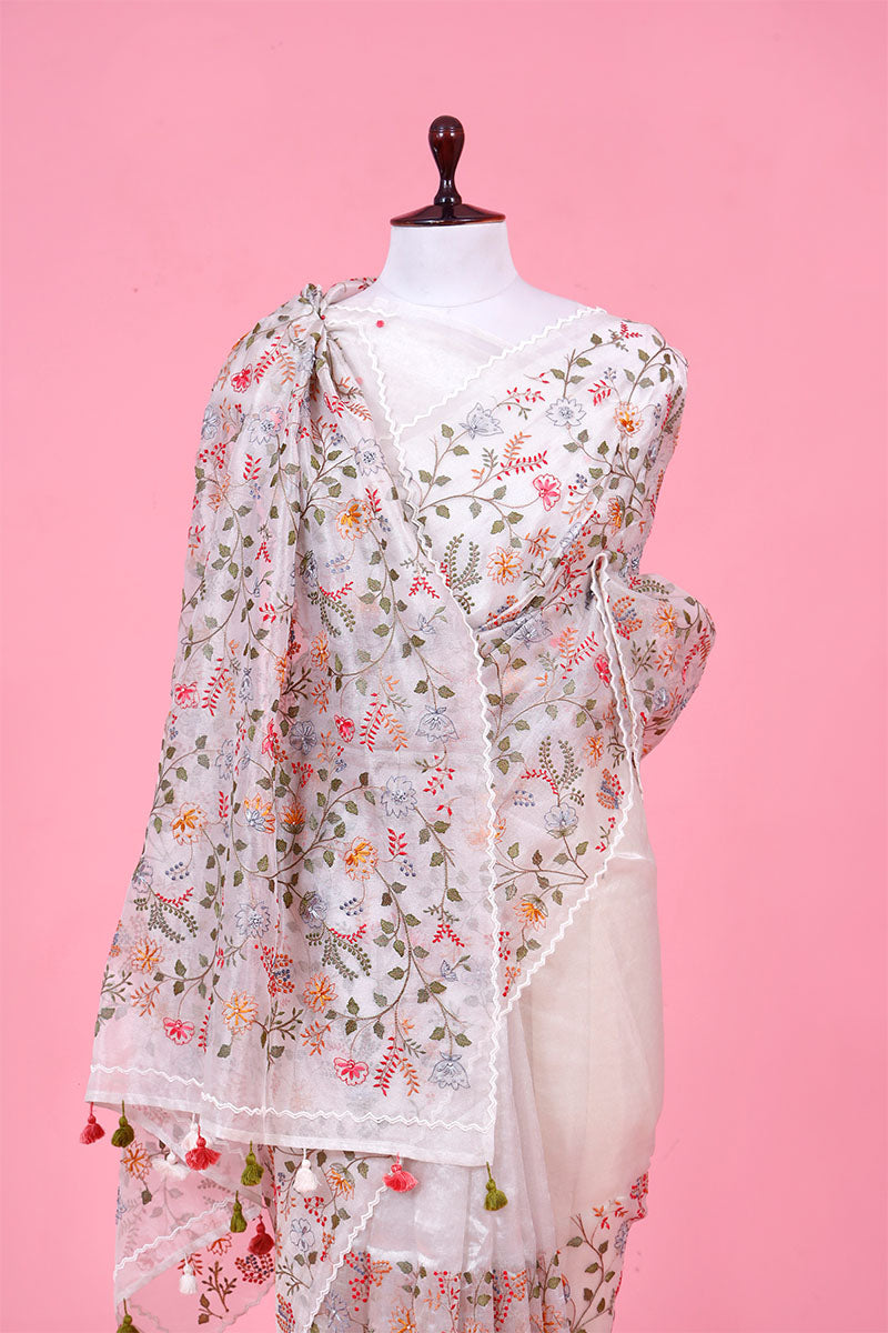 Pearl White Floral Embroidered Tissue Silk Saree