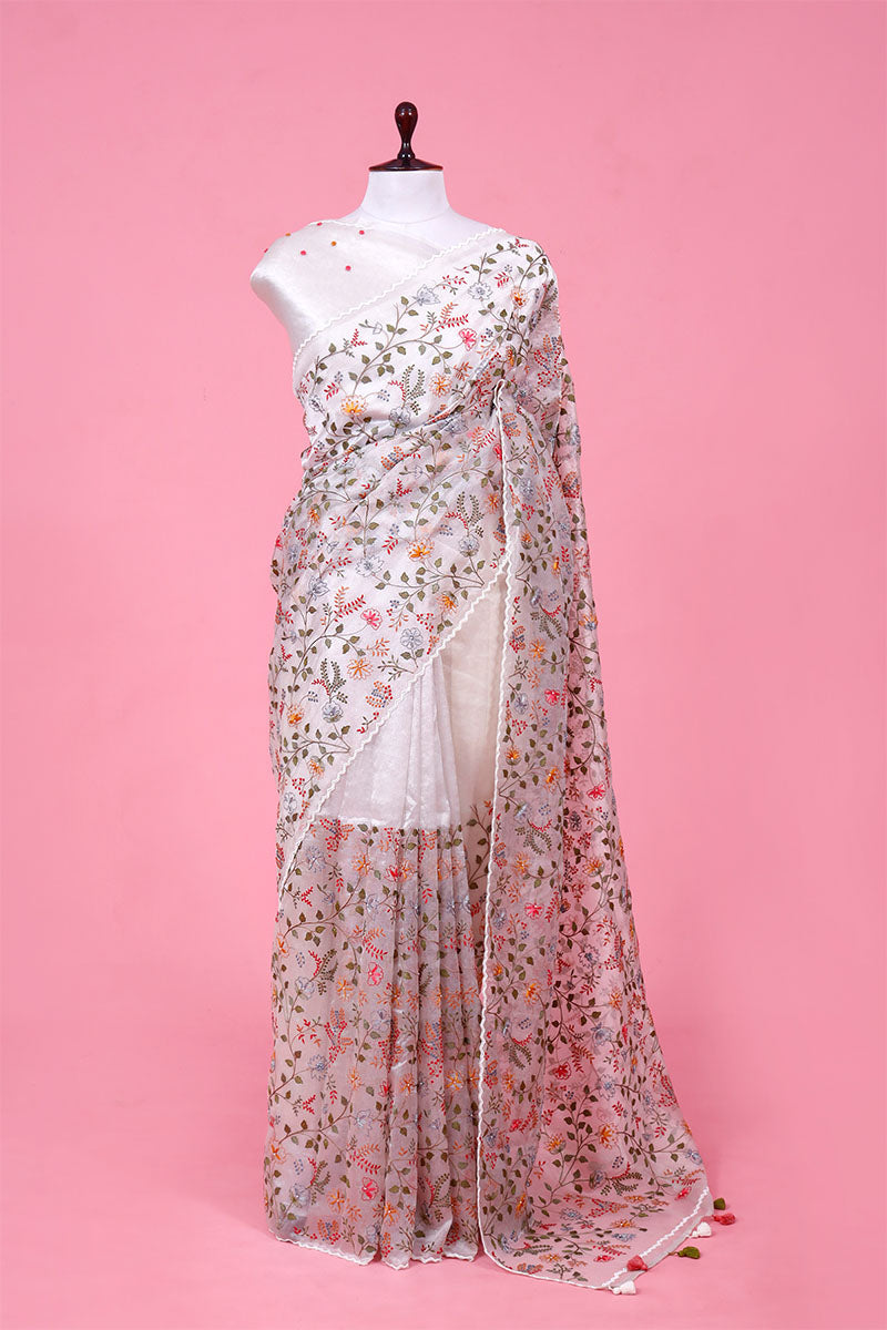 Pearl White saree, Tissue silk saree, Bollywood sari, wedding saree, party wear saree