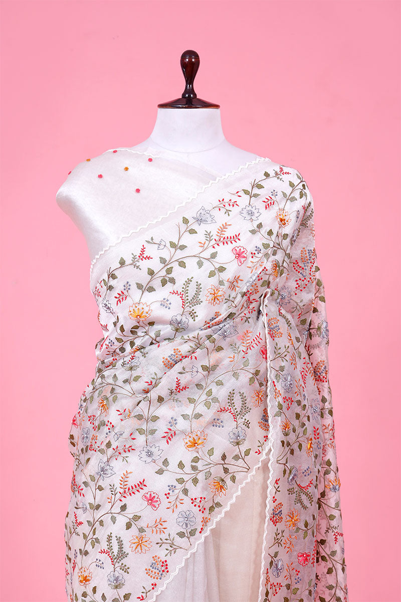 Pearl White Floral Embroidered Tissue Silk Saree