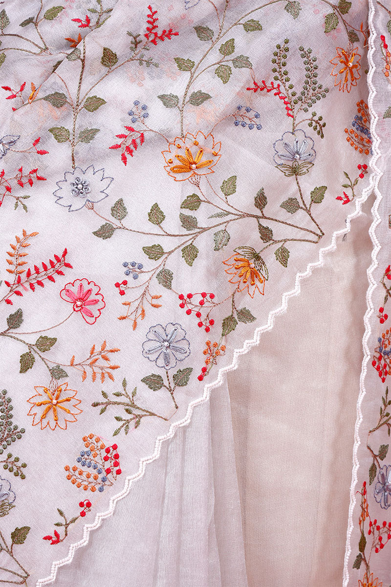 Pearl White Floral Embroidered Tissue Silk Saree