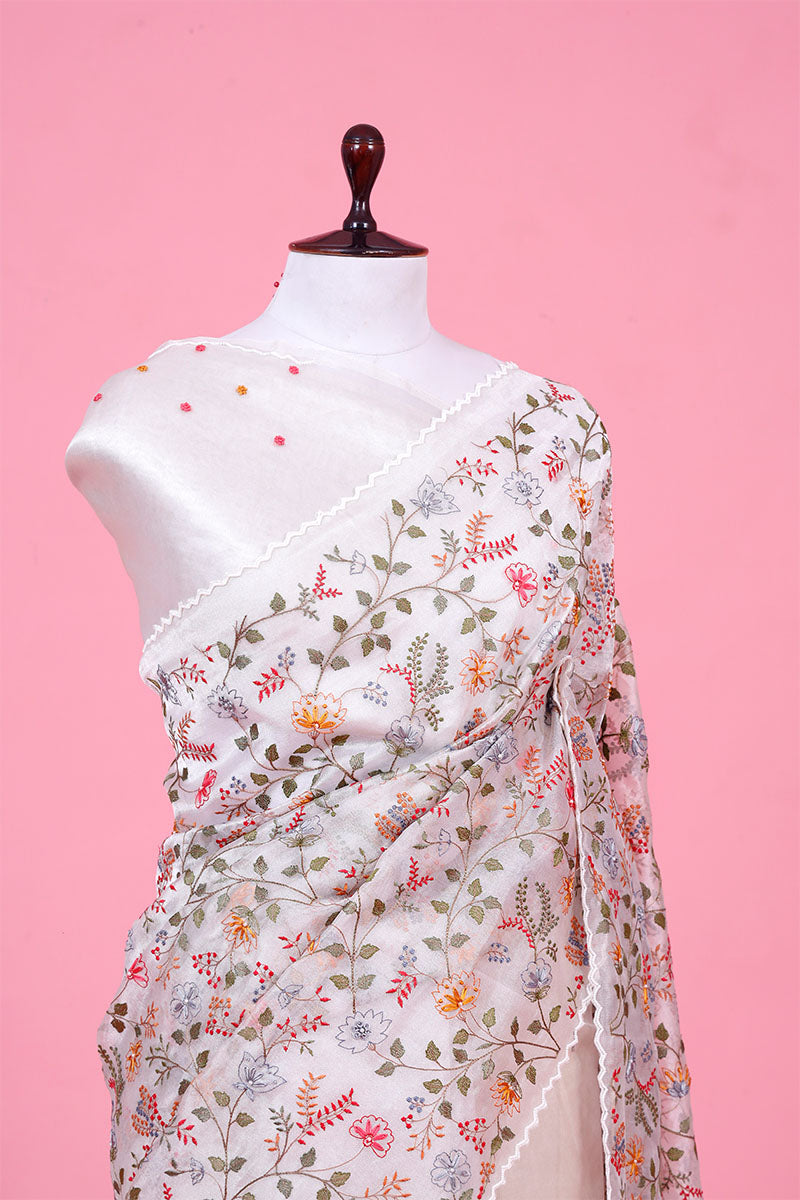 Pearl White Floral Embroidered Tissue Silk Saree