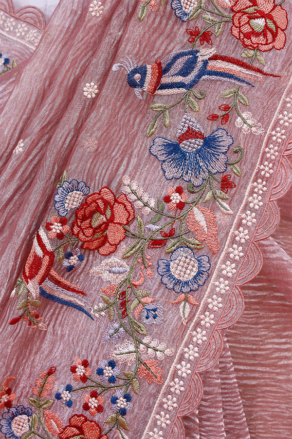 Rust Mauve Embroidered Crushed Tissue Silk Saree