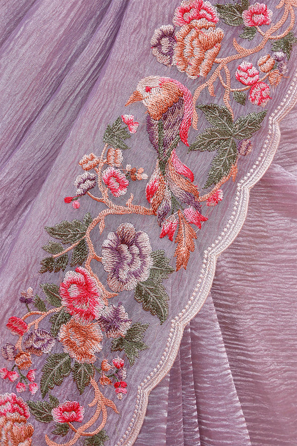 Lilac Embroidered Crushed Tissue Silk Saree
