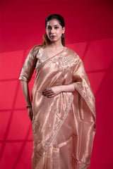 Shimmery Peach Banarasi Tissue Saree with Pichwai Handwork