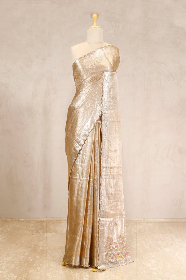 Golden Bollywood Tissue Silk Saree with Hand-Embellished Floral Pallu