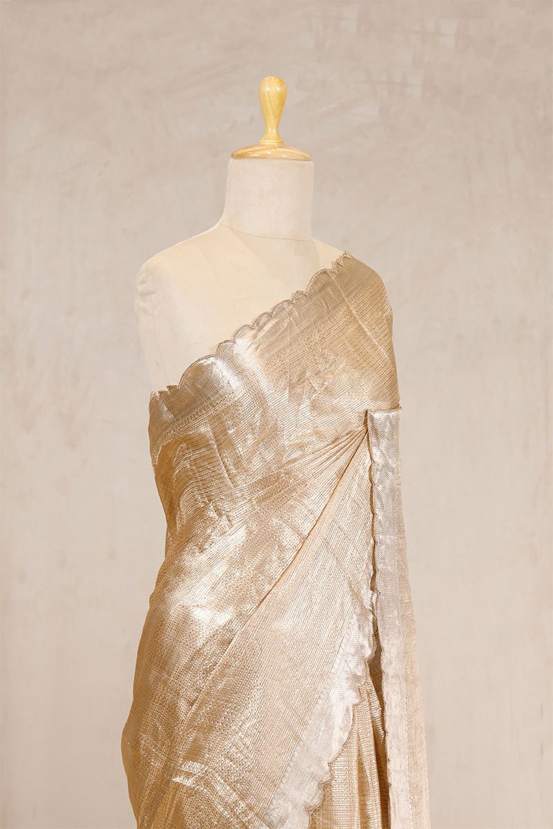 Golden Bollywood Tissue Silk Saree with Hand-Embellished Floral Pallu