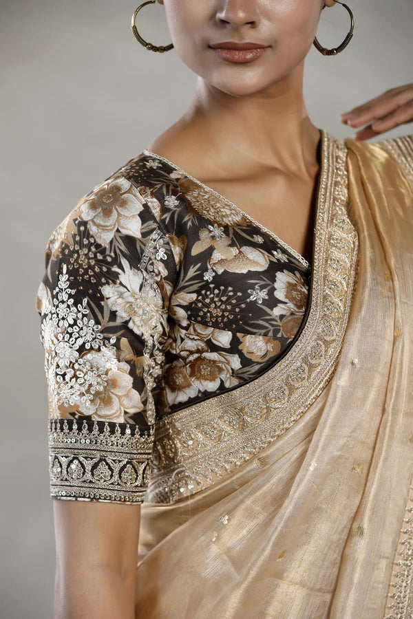 Beige Tissue Silk Saree with Floral Prints
