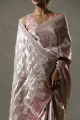 Baby Pink Tissue Silk Saree with Silver Zari Floral Work