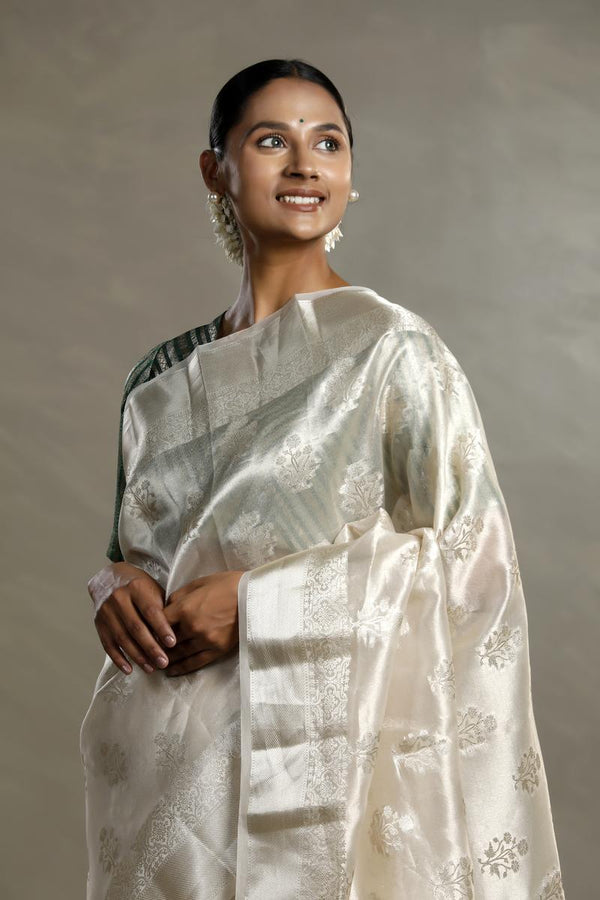 Ivory White Tissue Silk Saree with Silver Zari Floral Work