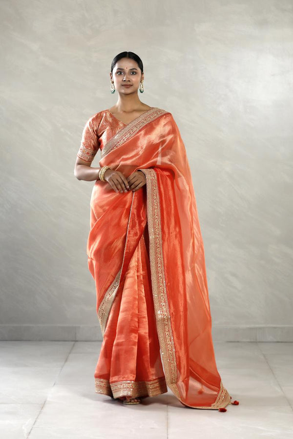 Bollywood Saree, Celebrity Saree, Tissue Saree, orange saree, party wear saree​, designer saree, banarasi saree