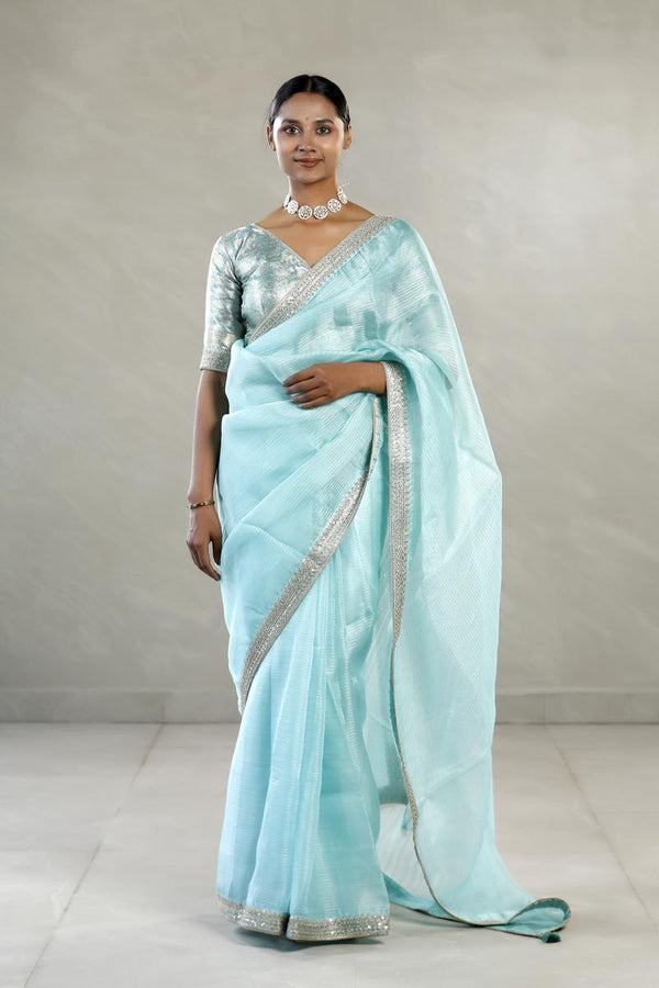 Sky Blue Organza Silk Saree with Silver Zari Stripes