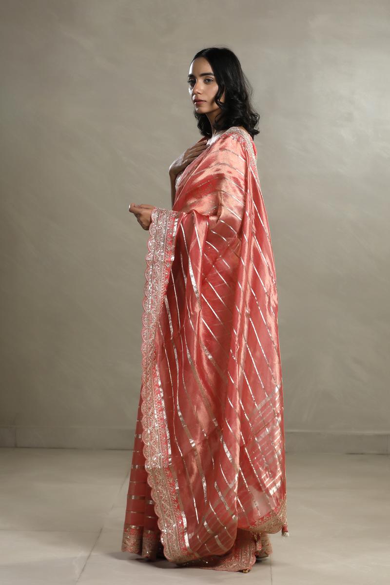 Peach Tissue Silk Saree with Silver Zari Stripes and Beads