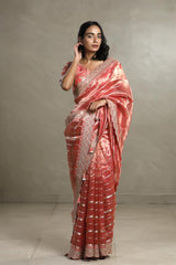 Peach Tissue Silk Saree with Silver Zari Stripes and Beads
