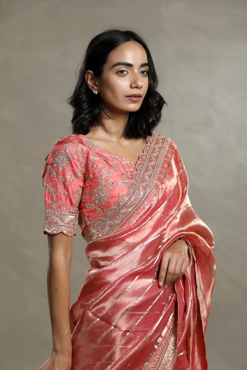 Peach Tissue Silk Saree with Silver Zari Stripes and Beads