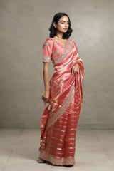 Peach Tissue Silk Saree with Silver Zari Stripes and Beads