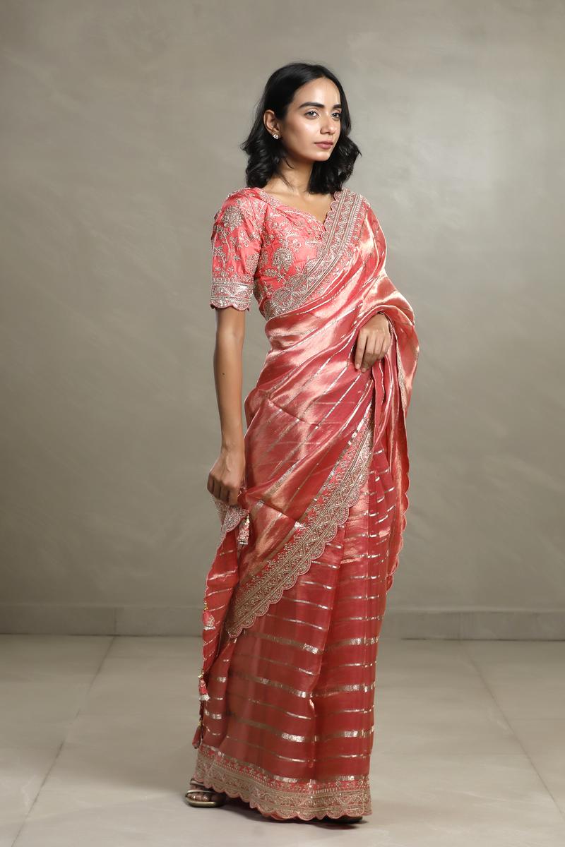 Peach Tissue Silk Saree with Silver Zari Stripes and Beads
