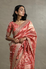 Peach Tissue Silk Saree with Silver Zari Stripes and Beads